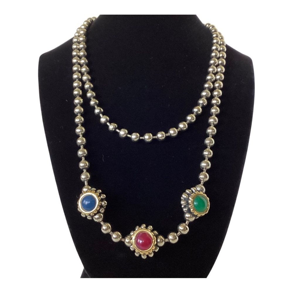 Gripoix Style Silver Tone Bead Ball Chain Multicolor 3 Ball Pendant 18" Necklace - Picture 5 of 16